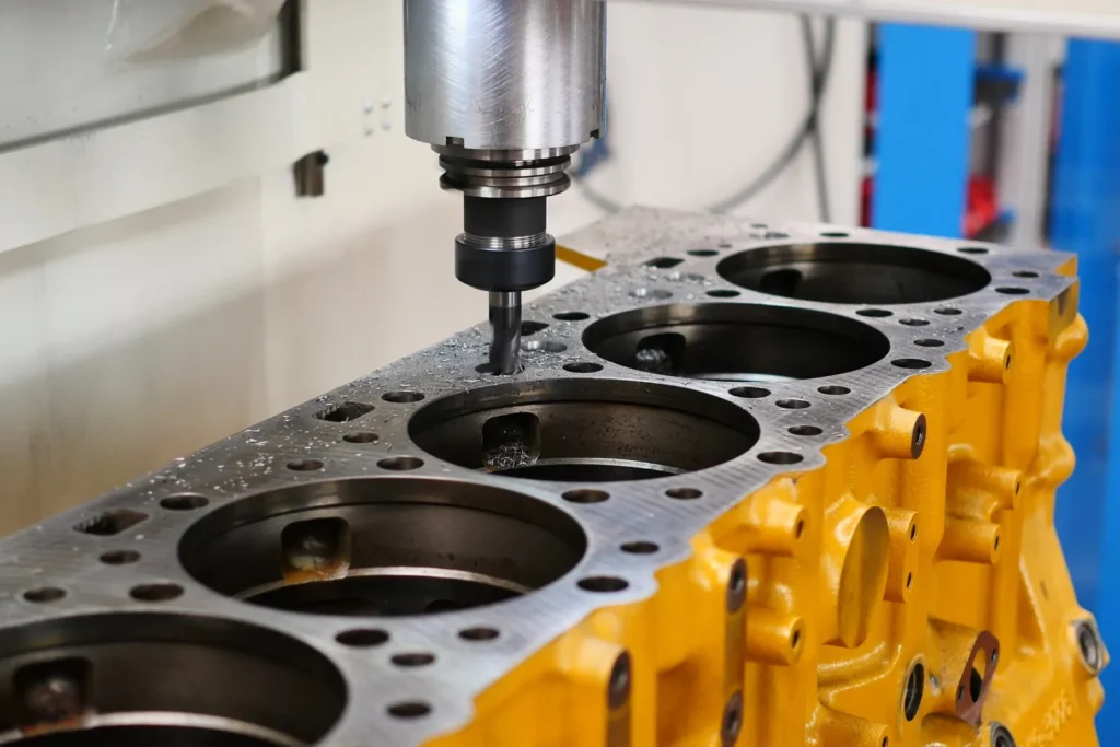 Bohrbearbeitung am Motorblock einer Baumaschine