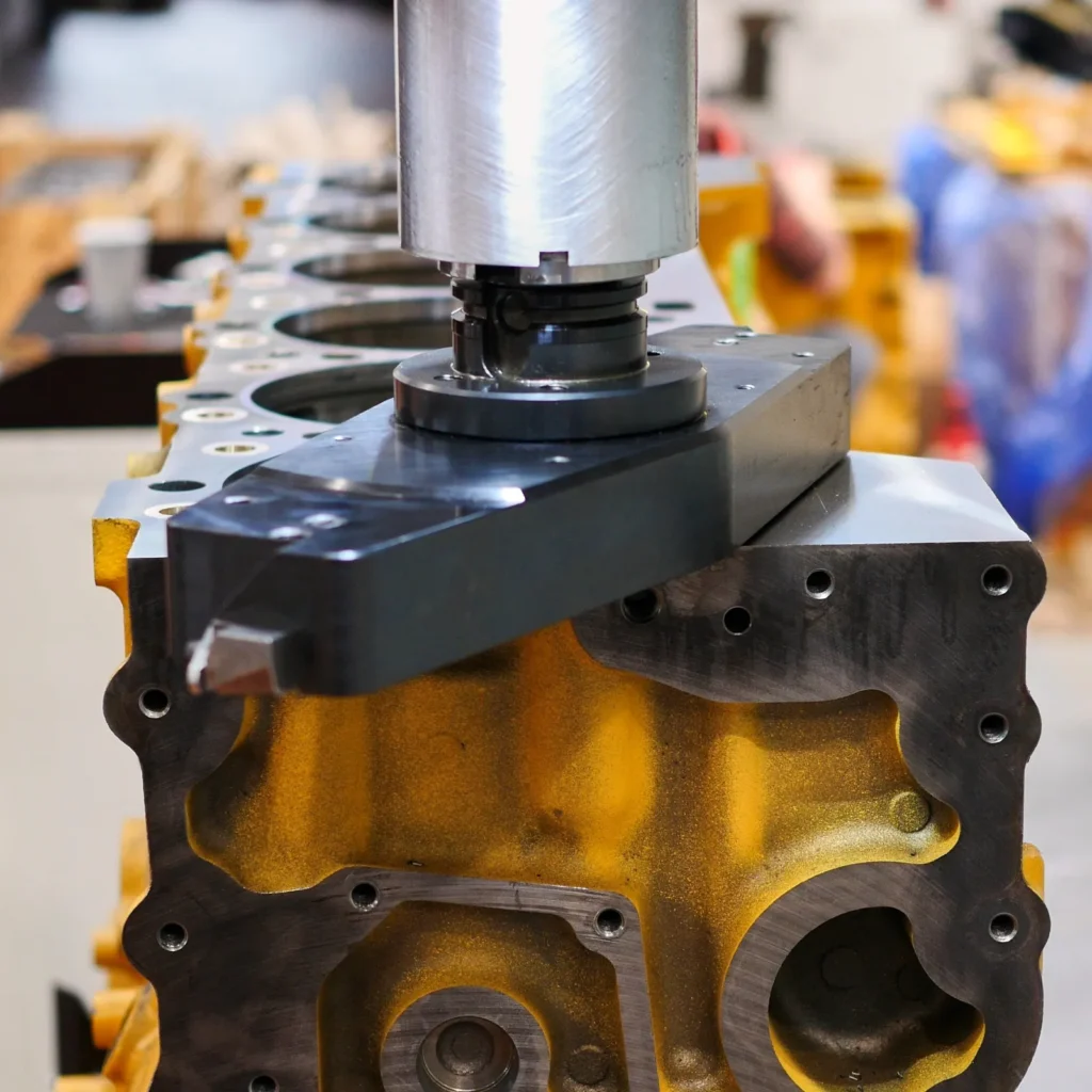 Planen der Dichtfläche an einem gelben Motorblock in der Werkstatt