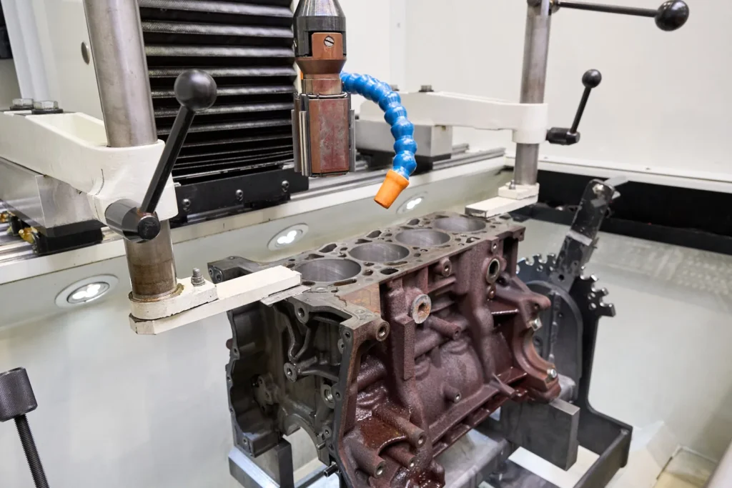 Motorblock auf der Zylinderbohrmaschine zur Bearbeitung der Zylinderbohrungen